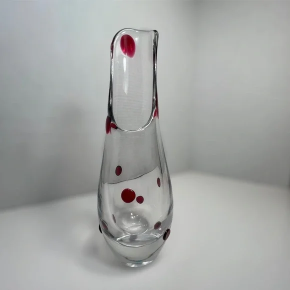 Murano Art Glass Wide Opening Flower Vase - Red Dots. Italian Glass - Picture 5 of 11